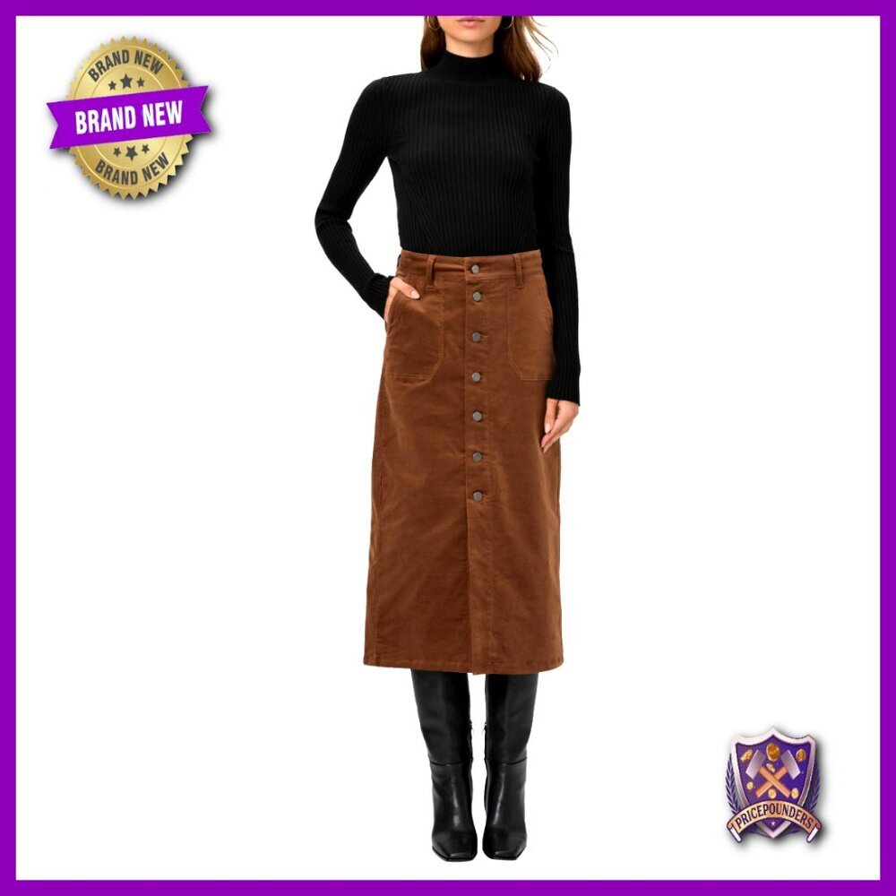High Rise Midi Skirt with Utility Pockets, Corduroy Fabric, Casual to
